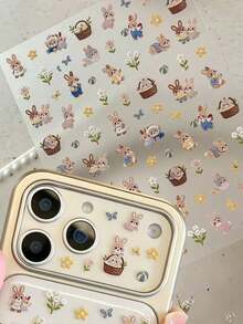 1pc Cute Bunny Embroidery Style Sticker, Flower Basket Bunny Pattern, Self-Adhesive, Waterproof & Scratch-Resistant, Universal For Phone Case / Laptop / Earphone Case, Accessory Material Decorative Sticker - 1pc YT7122 - View 2