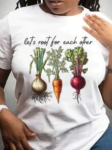 Women's Casual Short-Sleeved T-Shirt, High Quality, Round Neck, Root Vegetable Illustration And Pastoral Style Design, Perfect As A Gift For Family And Friends, . - 白色 - 查看 7