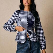 Camisa casual de mujer de manga farol de solapa única a cuadros - Burdeos - Ver 8