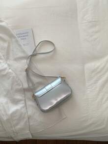 Bolso de mano pequeño con solapa para mujer, bolso cuadrado con decoración de hebilla de metal de moda, bolso de hombro y bandolera - Plateado - Ver 7