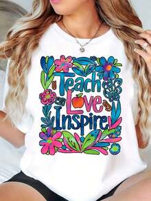 Women's Casual Crew Neck T-Shirt With Floral Print 'Teach Love Inspire', Summer Casual Graphic T-Shirt, Fashion - 白色 - 查看 1