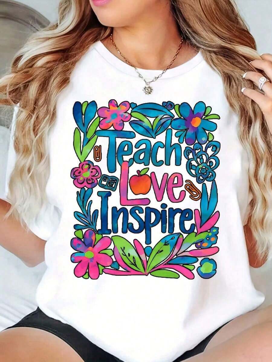 Women's Casual Crew Neck T-Shirt With Floral Print 'Teach Love Inspire', Summer Casual Graphic T-Shirt, Fashion - 白色 - 查看 1