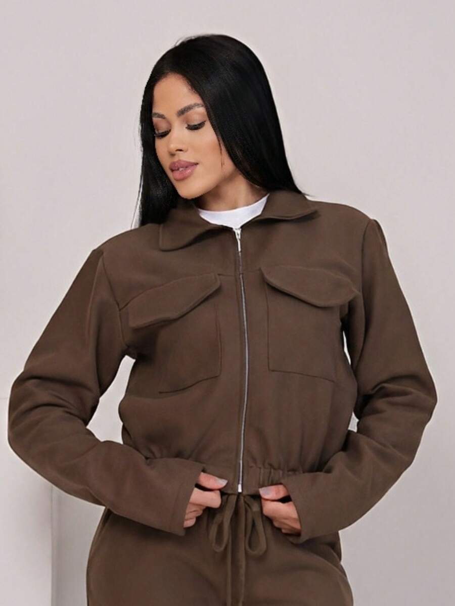 Bomber Jacket In Wool Fabric With Zipper Closure, Perfect For Winter, São João Festivities, Office, Evening, And Daytime Wear. Premium Fashion. - 鏽棕色 - 查看 1