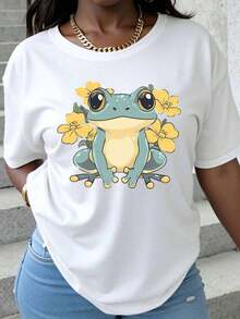 Women's Cute Frog And Yellow Flower Print T-Shirt, Summer Casual Wear, Animal Print Top, Gift For Nature Lovers, 100% Pure Cotton, Women's T-Shirt - 白色 - 查看 7