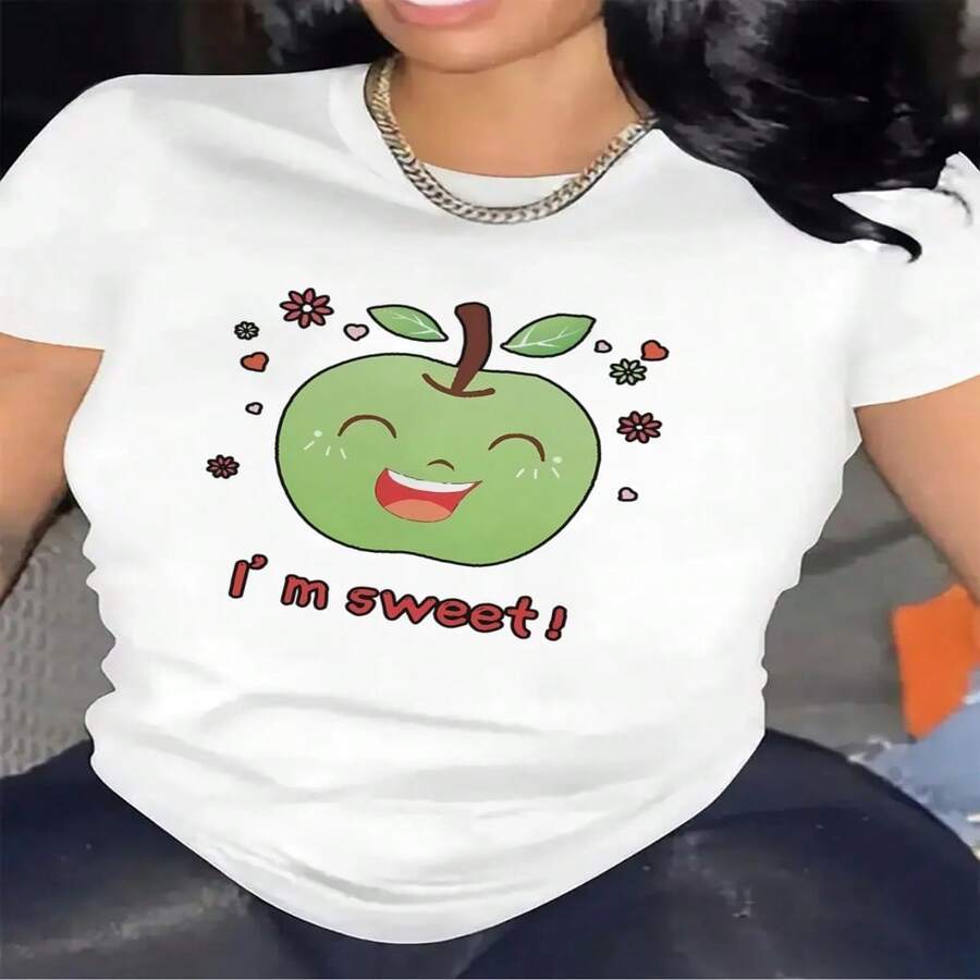 Women's Short Sleeve T-Shirt, Green Apple Print "I'm Sweet", Made Of Polyester Fiber, Lightweight And Comfortable, Ideal For Casual Wear At Home, Cafe Or Outdoor Activities S-XXXL - 白色 - 查看 1
