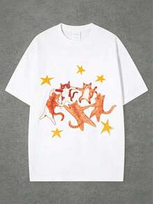 Mexican Basic Summer T-Shirt, Y2K Style, New Hip-Hop With Dancing Cat And Star Print, Unisex Retro T-Shirt, Cool, Versatile, Comfortable And Loose Fit, Short Sleeve Summer T-Shirt 2P7U-Vintage Street Style Unisex Loose Cotton Short Sleeve Crew Neck T-Shirt New Launch - 白色 - 查看 2