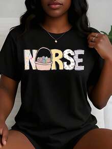 Women's Casual Style T-Shirt With Easter Nurse Theme, Spring Gift For Nurses, Celebrating International Nurses Day In May, Perfect Gift For Nurses, Women's Clothing To Pay Tribute To The Most Beautiful Angels In White. - 黑色 - 查看 11