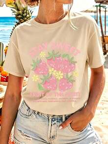 Women's Casual Summer T-Shirt. This Women's Summer T-Shirt Is Sweet. Round Neck, Versatile, Sporty. Features: Refreshing Macaron And Strawberry Summer Print. Suitable For Beach Vacations, Daily Commutes, And Weekend Outings. Patriotic T-Shirt With American Flag Print. World Cup Match Day Graphic Summer Cool T-Shirt. Breathable And Soft Fabric, Comfortable All Day Long. - 杏色 - 查看 1