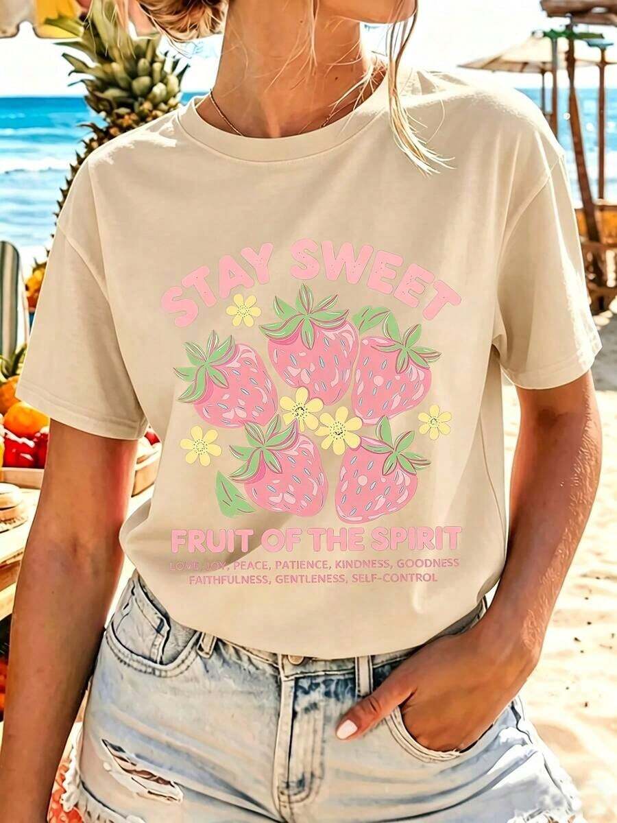 Women's Casual Summer T-Shirt. This Women's Summer T-Shirt Is Sweet. Round Neck, Versatile, Sporty. Features: Refreshing Macaron And Strawberry Summer Print. Suitable For Beach Vacations, Daily Commutes, And Weekend Outings. Patriotic T-Shirt With American Flag Print. World Cup Match Day Graphic Summer Cool T-Shirt. Breathable And Soft Fabric, Comfortable All Day Long. - 杏色 - 查看 1