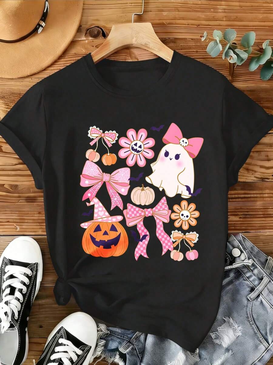 Camiseta Deportiva Casual para Mujer de Halloween - Camiseta Negra Elástica de Cuello Redondo con Diseño de Fantasma y Calabaza, Lavable aáquina, Ajuste Cómodo para Todas las Estaciones, Perfecta para Celebraciones y Uso Diario. - Negro - Ver 1