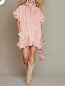 Vestido A-line con mangas cortas y volantes, dos bolsillos y cremallera, nueva colección primavera verano 2026 - Rosa - Ver 3