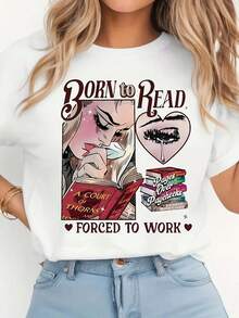Camiseta Estampada para Mujer Nacida para Leer - Camiseta Casual de Manga Corta y Cuello Redondo, con Corte Relajado para Todas las Estaciones, Perfecta para Uso Diario y Atuendos de Vacaciones (Lavable aáquina). - Blanco - Ver 1