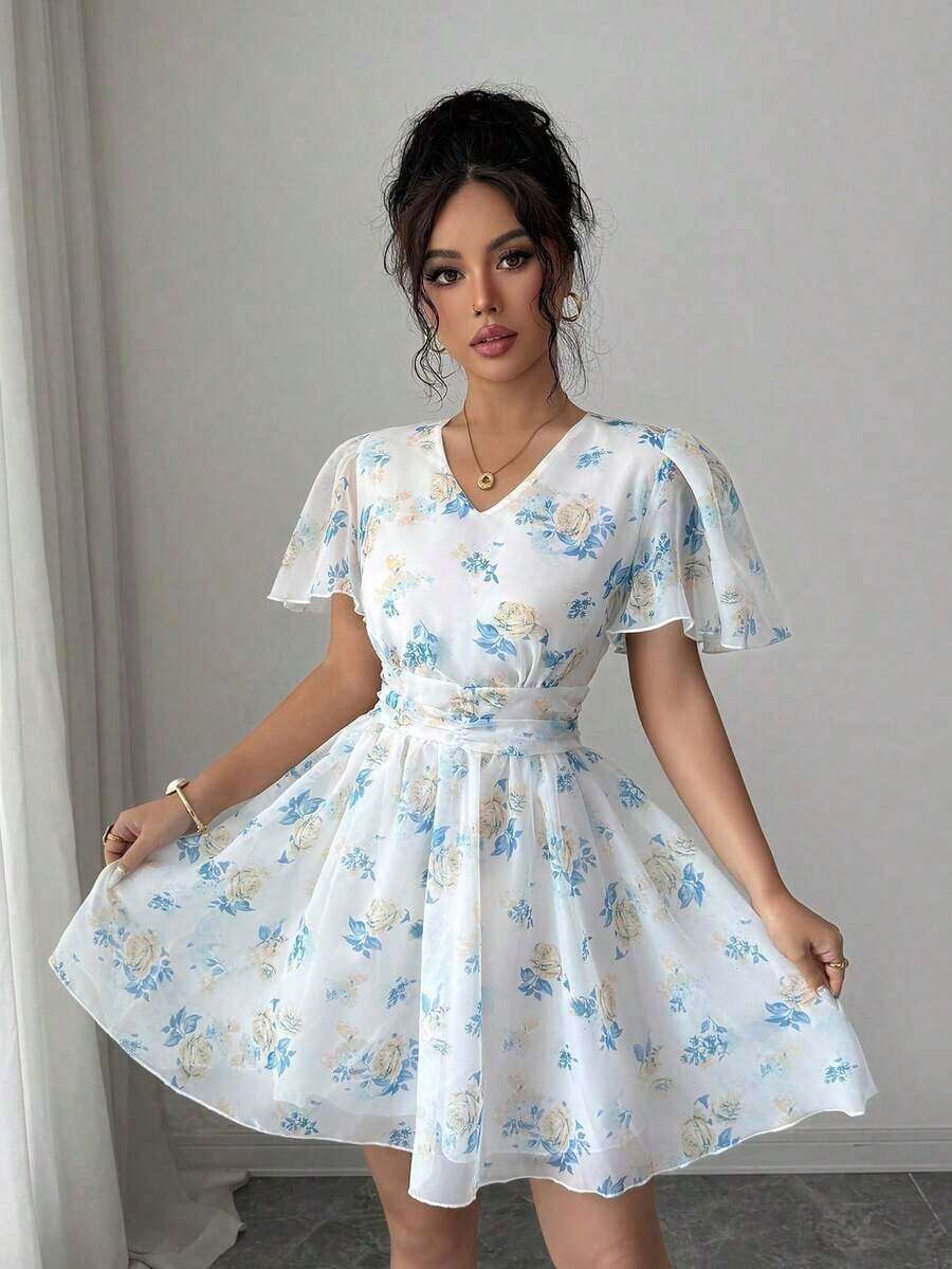 Vestido Estilo Francés – Corto, Fruncido, con Estampado Digital y Elegancia Femenina - Azul - Ver 1