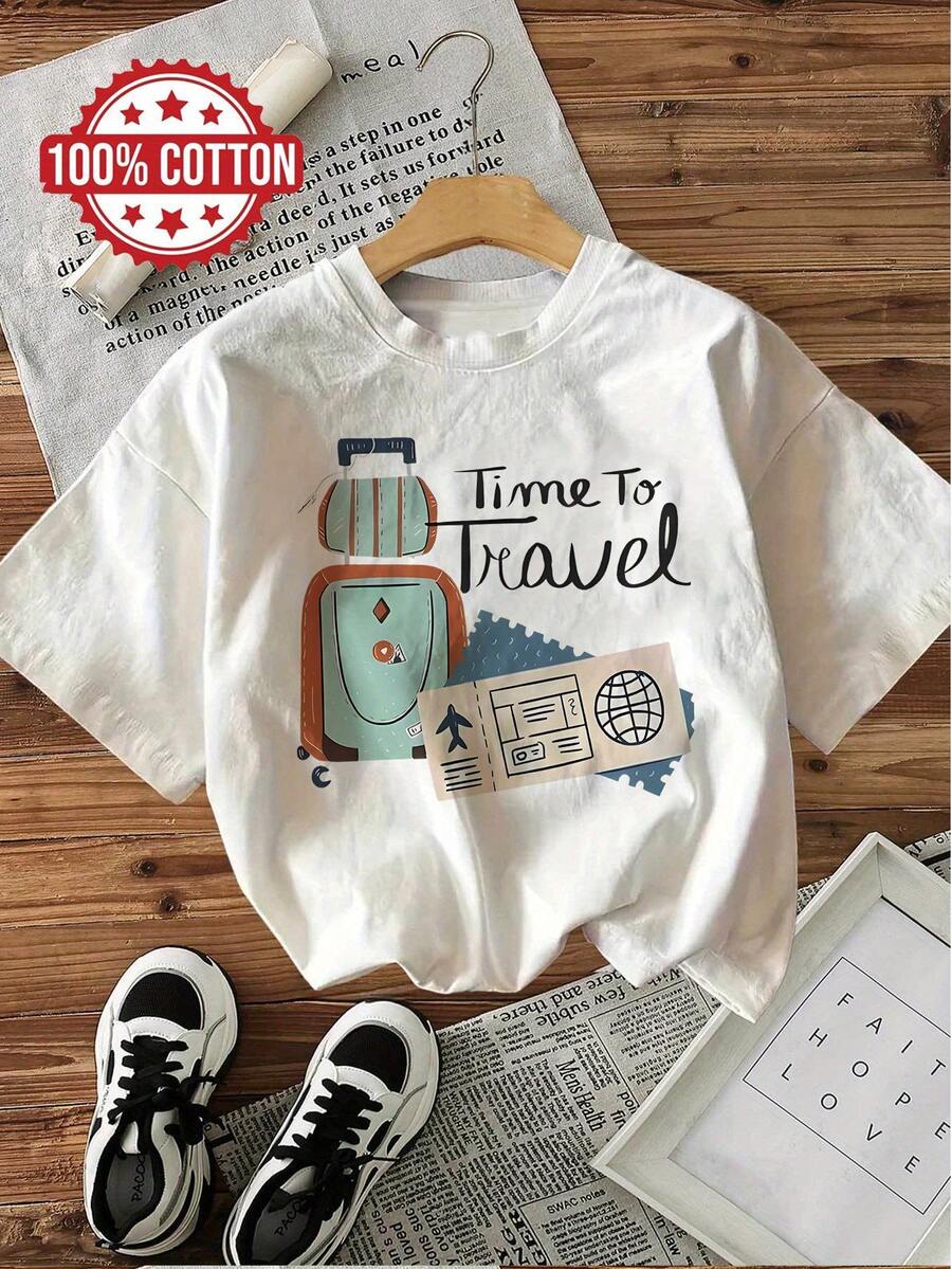 Casual Short Sleeve Crew Neck T-Shirt With "Time To Travel" Print, 100% Cotton, Suitable For Summer And Spring, Women's Clothing, Women's Winter Clothing - 白色 - 查看 1
