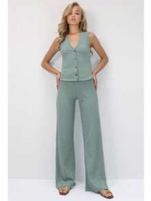 Casual Commuter Solid Color Button Front Vest And Pants Set - Mint Green - View 6