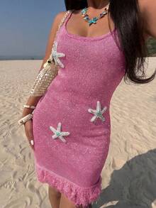 FOR BEAUTY Đầm Cami Nữ Y2K Màu Hồng Hoa Hồng In Sao Biển Và Gấu Tua Cho Tiệc Bãi Biển Hở Lưng Gợi Cảm Hoặc Kỳ Nghỉ Resort Đầm Nữ Đi Du Lịch - Hồng hồng - Xem 7