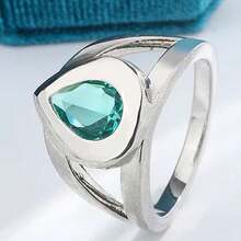 1pc Exquisite Hollow Water Drop Pear-Shaped Paraiba Green Synthetic Zirconia Couple Ring, Geometric Banquet Gift Jewelry For Women - White and Green - View 8