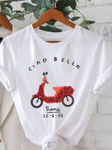 Women's Short-Sleeved Round-Neck T-Shirt With A Vintage Pattern Print, Casual Style For Spring And Summer. Loose And Comfortable. - White - View 6