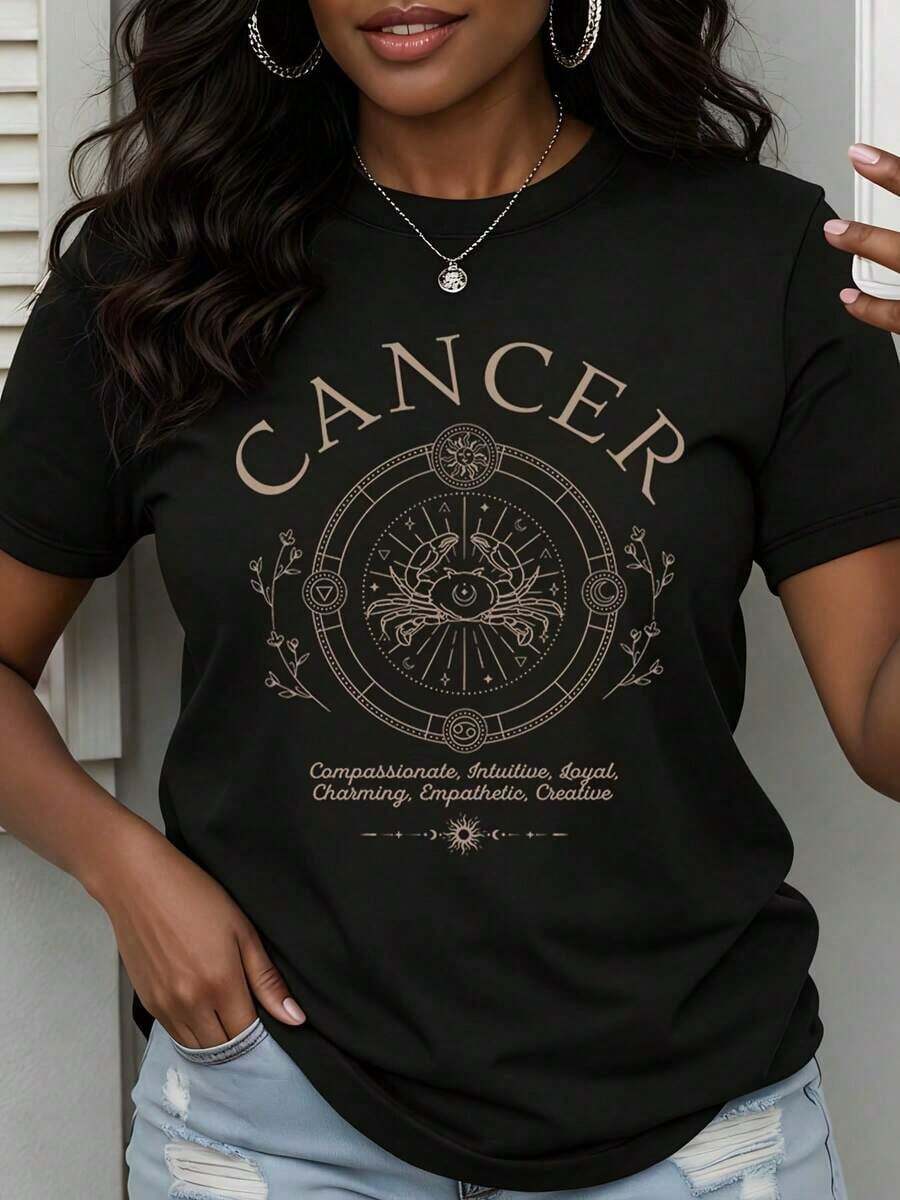 Cancer Zodiac Sign T Shirt Compassionate Intuitive Loyal Charming Empathetic Creative Astrology Design Women's Casual Top-Vintage Street Style Unisex Loose Cotton Short Sleeve Crew Neck T-Shirt100%Cotton - 黑色 - 查看 1