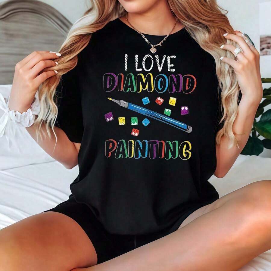 2026 Women's Short Sleeve Black-Shirt With I Love Painting Graphic Print Casual Wear Blusas Para Mujer Casual - 黑色 - 查看 1