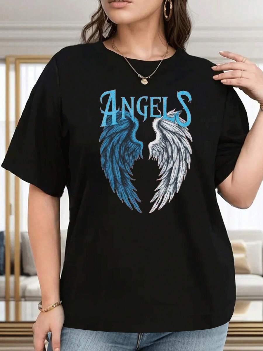 Soft, Breathable, And Lightweight For All-Day Wear. Comfortable Plus-Size Women's T-Shirt With Angel Wing Print - White With Blue And Red Lettering, Soft And Breathable Fabric, Casual Crew Neck T-Shirt, Suitable For Daily Wear, Themed Events, And A Great Gift Choice. Comfortable For All Seasons, Machine Washable (For Fashionable Women), Loungewear, Lightweight Printed Shirt, Style, Comfortable Material, A Must-Have For Fashion Enthusiasts. Classic Crew Neck With Relaxed Fit That Flatters All Body Shapes And Is Easy To Pair With Jeans, Shorts, And Leggings. - 黑色 - 查看 1