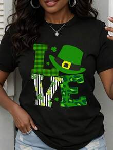 Women's Bohemian Crew Neck T-Shirt With St. Patrick's Day Print, Short Sleeve, Casual Festival Wear, Cotton T-Shirt - 黑色 - 查看 1