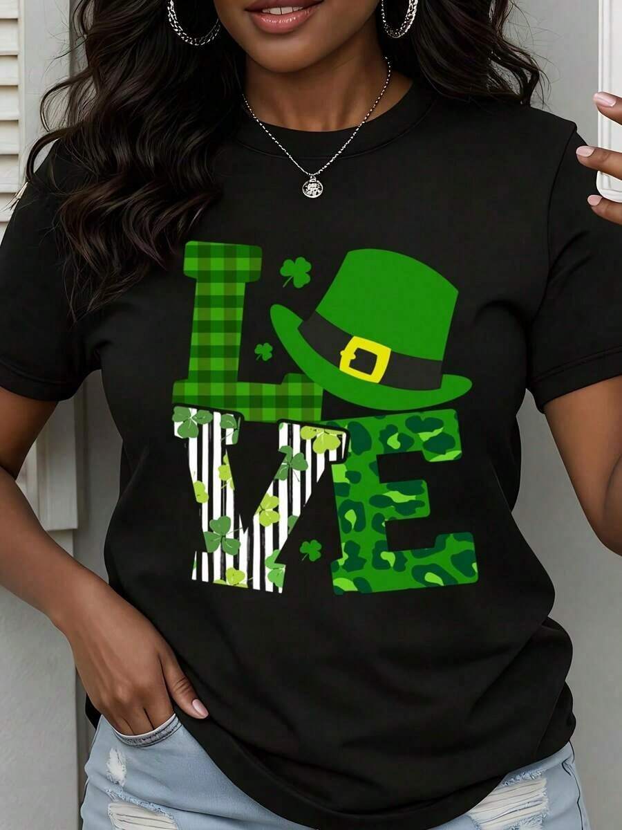 Women's Bohemian Crew Neck T-Shirt With St. Patrick's Day Print, Short Sleeve, Casual Festival Wear, Cotton T-Shirt - 黑色 - 查看 1