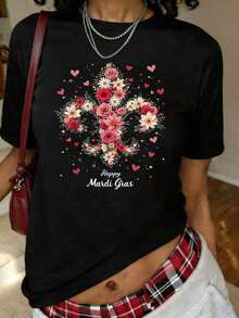 Happy Dolphintine's Day Bohemian Floral Print Cotton T-Shirt With Dolphins And Roses, Short Sleeve, Round Neck, Casual Style For Summer And Spring, Women's Clothing - 黑色 - 查看 8