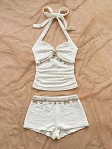 Conjunto de 2 piezas de top halter sin espalda y shorts, conjunto de ropa para vacaciones - Blanco - Ver 5