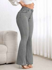 Jeans de pierna acampanada de corte slim casual para ir al trabajo - Gris - Ver 4