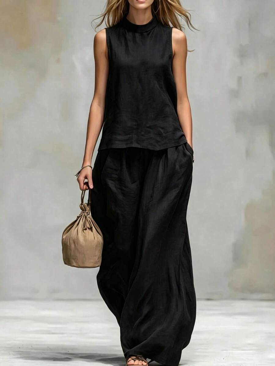 Women's Two-Piece Set, European And American Style 2026, With High Neck, Sleeveless, Cotton And Linen, Solid Color. - Hitam - View 1