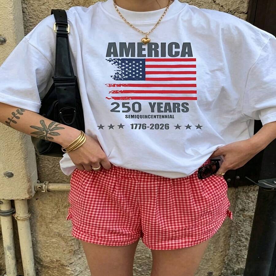 Heartfelt Daily Casual Graphic T-Shirt 100% Cotton Oversized Soft Breathable Casual Crewneck Short Sleeve Top Vintage Aesthetic Red Checkered Shorts Street Style Basic Casual Wearers Fashion Lovers Daily Outfit Enthusiasts Gift Givers - 白色 - 查看 1