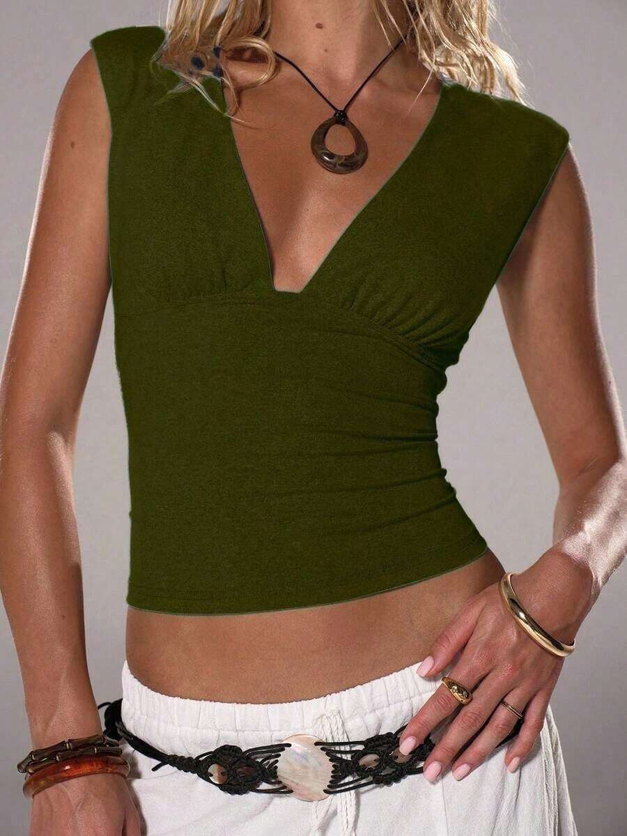 Camiseta sin Mangas Casual Ajustada con Cuello en V Profundo para Mujer, Primavera/Verano - Verde militar - Ver 1