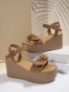 Plus Size Bow Decor Wedge Sandals, Open Toe Ankle Strap Casual Summer Shoes - Beige - View 7