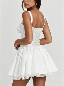Women's Flower Embroidery Boho Mini Dress Backless Self-Tie Bowknot Square Neck Wide Straps Ruffle Mini Dresses Sleeveless Summer Vacation Short A-Line Dress - F1309-Trắng - Xem 8