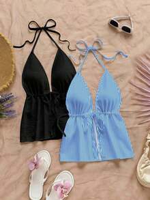 2 piezas Parte superior casual con escote halter y espalda descubierta, adecuada para el verano, ropa de verano, atuendo de vacaciones, estampado de rayas, para mujer en primavera y verano, parte superior para salir de mujer, vacaciones de mujer - Multicolor 2 - Ver 8