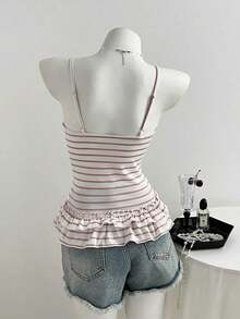 Camiseta ajustada con pliegues en el busto a rayas rosas para el verano - Rosa 2 - Ver 2