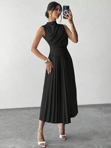 Vestido de línea A con cuello de swing sin mangas y volantes, falda paraguas, para volver al colegio, ropa escolar, fiesta, estilo de mujer de dinero antiguo, atuendos para salir, atuendos de fiesta para mujer, atuendos de oficina para mujer, fald - Negro - Ver 5