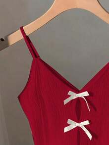 Camiseta de tirantes de mujer de unicolor y diseño minimalista con lazo decorativo para uso diario - Rojo - Ver 3
