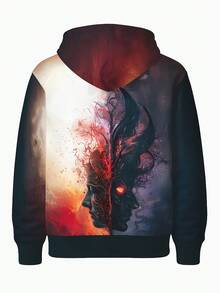 Men's Surreal Streetwear Sweater - 3D Printed Split Face Art & Flame Design Hoodie, Full-Body HD Print, Comfortable Blouse Style Sweater Suitable For Concerts, Festivals & Daily Wear, PLUS SIZE - màu đen - Xem 6