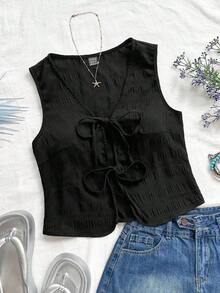 Top sin mangas elegante con textura de tela, estilo bohemio tropical, para ocasiones como vacaciones informales, boda, graduación, brunch, Día de San Patricio, vacaciones de primavera, Pascua, festivales de música - Negro - Ver 7