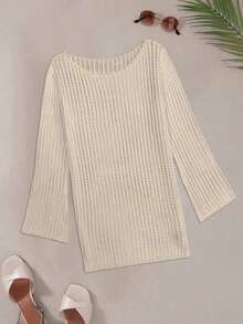 Vestido corto tipo capa de unicolor, informal, fresco, para vacaciones y playa, con adorno de encaje, de manga larga para mujer, para primavera/verano - Albaricoque - Ver 5