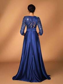 y lujoso vestido de manga larga transparente con bordado de encaje floral, con perlas y lazo con diamantes, con vuelo.Adecuado para boda, fiesta, vacaciones, baile de graduación, vestido de noche para novia, madre de la novia - Azul marino - Ver 2