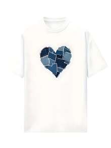 Camiseta unisex de verano con lindo estampado de corazones en patchwork - Blanco - Ver 2