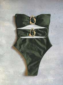 Nuevo traje de baño de una pieza elegante y sexy con diseño calado en negro, de moda para la playa, vacaciones, fiestas y citas - Verde militar - Ver 5
