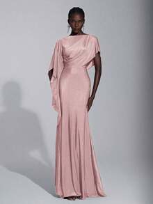 Elegante y lujoso vestido de dama de honor con decoración de volantes en las mangas de satén, abertura sexy y cola de pez - Rosa vieja - Ver 8