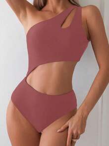 Traje de baño de una sola pieza con cuello asimétrico y huecos en unicolor para mujer, ideal para vacaciones - Marrón - Ver 1