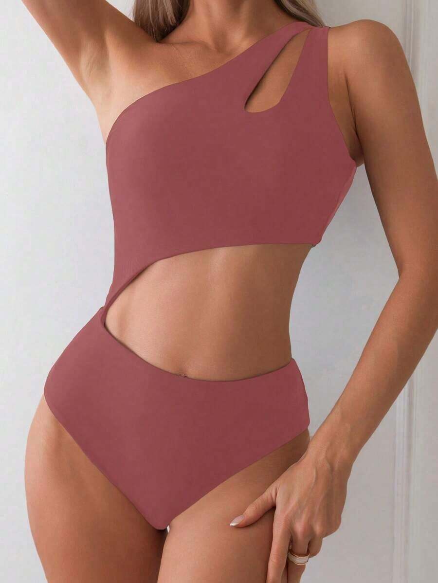 Traje de baño de una sola pieza con cuello asimétrico y huecos en unicolor para mujer, ideal para vacaciones - Marrón - Ver 1