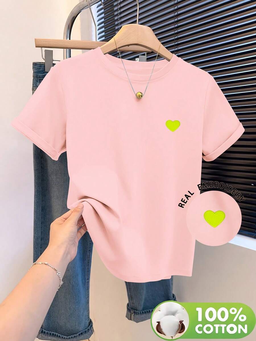 Women's 100% Cotton Embroidered Short-Sleeved T-Shirt With A Round Neck, Made From Soft, Skin-Friendly, Breathable, And Comfortable Fabric. Ideal For Year-Round Wear, Perfect For Casual Outings, Machine Washable, And Ideal For Art And Design Lovers With A Unique Style. - 羅莎 - 查看 1