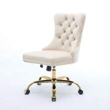 Home Office Chair, Modern Velvet Upholstered Office Chair With Button Tufting And Gold Metal Base, Adjustable Swivel Desk Chair (Black), DE1923BK - 米色 - 查看 6